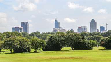 the skyline of Raleigh on a sunny day from Dix Park