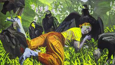 Painting of person laying down with vultures surrounding