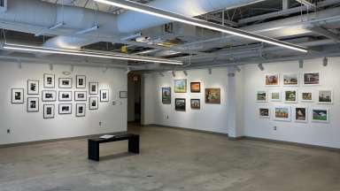 A wide view of a gallery space showing photographs and paintings hanging on walls