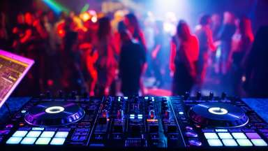 A DJ booth at a nightclub