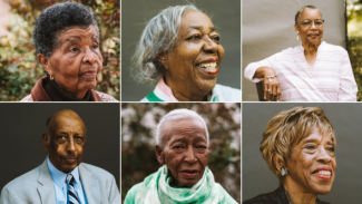 A grid of 6 Oberlin community member portraits by Derrick Beasley