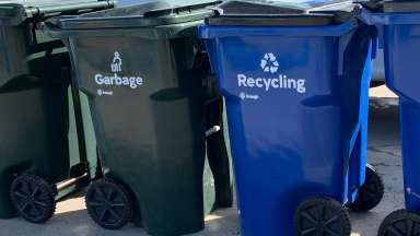 Raleigh's green garbage bins and blue recycle bins