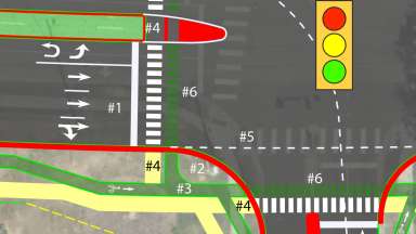 A numbered rendering that shows the different sections of a protected intersection