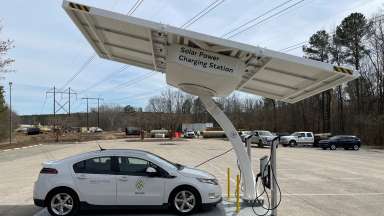 A City of Raleigh solar-powered electric vehicle charging station
