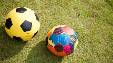 an image of 2 sizes of soccer balls on a bed of grass