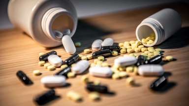 A photograph of white, black, and yellow prescription pills spilling out from bottles.