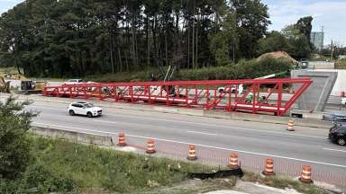 red pedestrian bridge