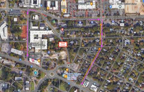 Oberlin Road detour plan - Hillsborough Street to Woodbrun Road to Clark Avenue